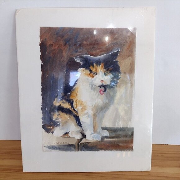 Deb Zeller Signed Water Color Painting Sitting Calico Cat Kitty 11 X 15 Midwest - Picture 1 of 6